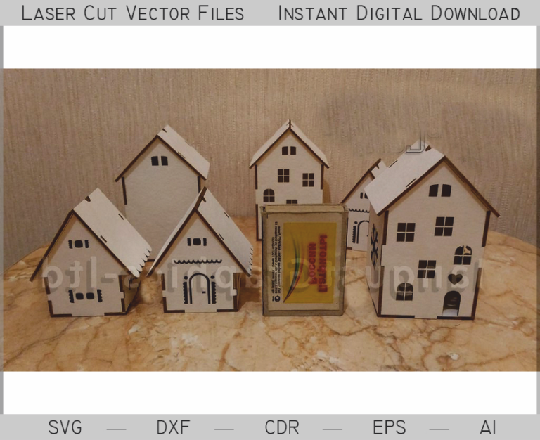 Small wooden house lanterns with cutout windows arranged as an LED village