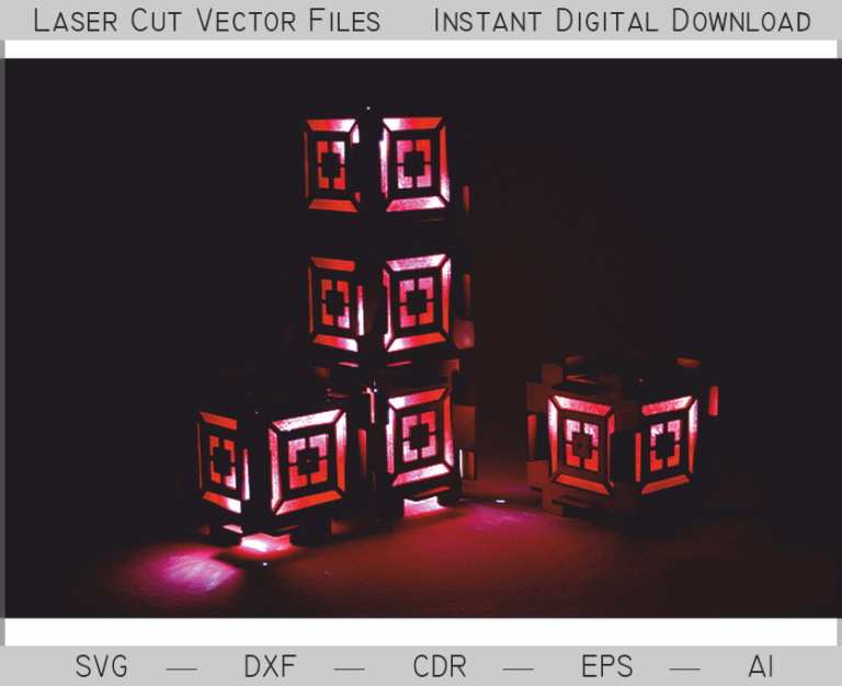 Small glowing cube lamps with geometric window cutouts