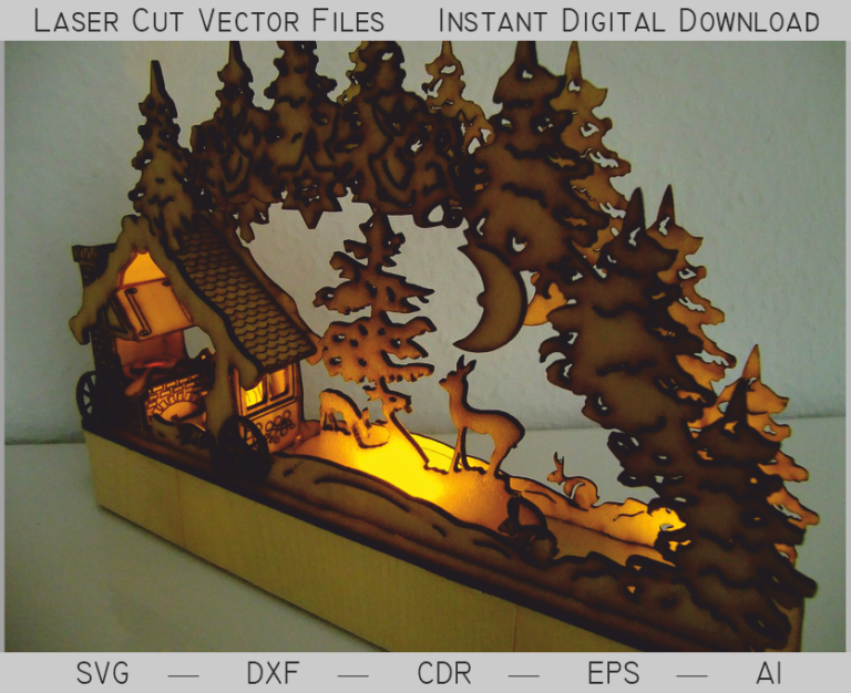 Layered forest house night-light with trees and glowing windows