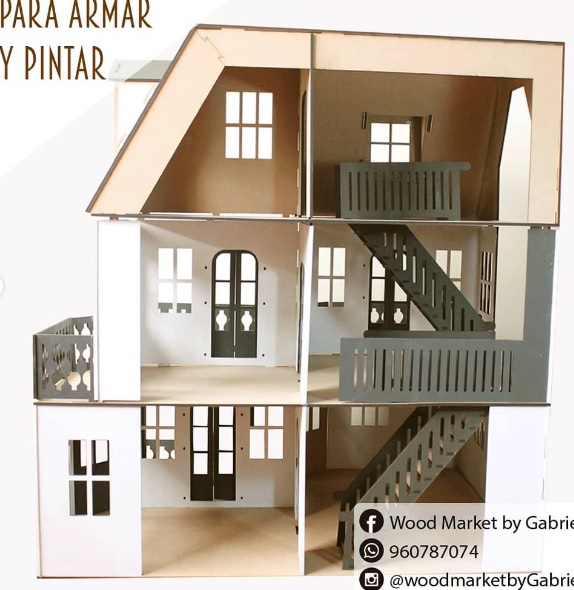 The featured image shows the open interior of a three-level dollhouse, with stairs, railings and tall window openings.