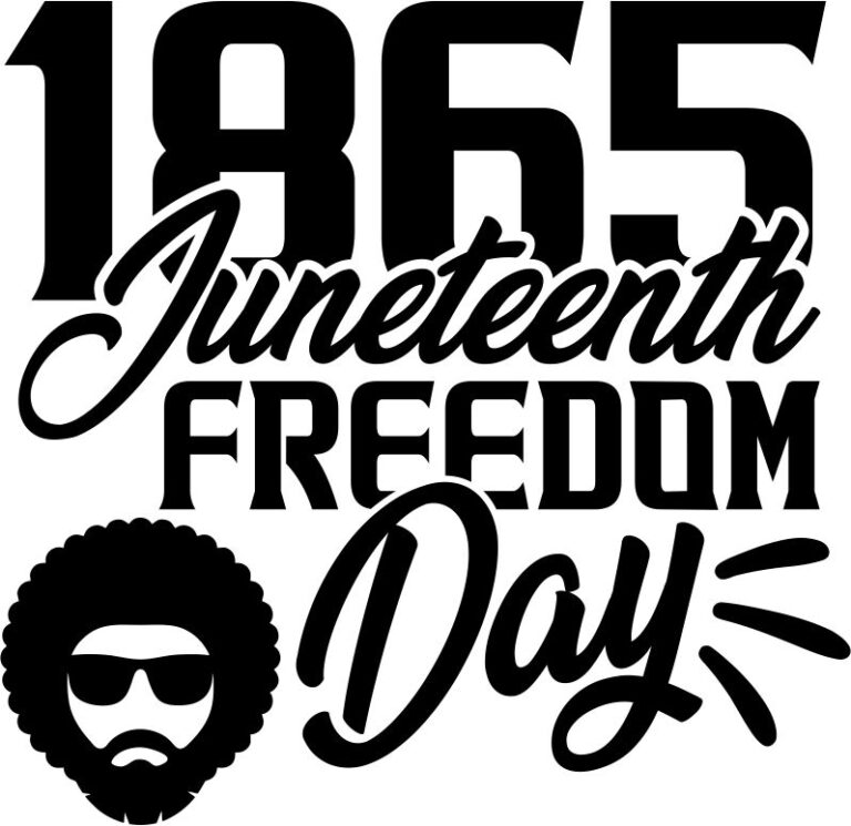 Juneteenth Freedom Day lettering with 1865 numerals and a stylized portrait