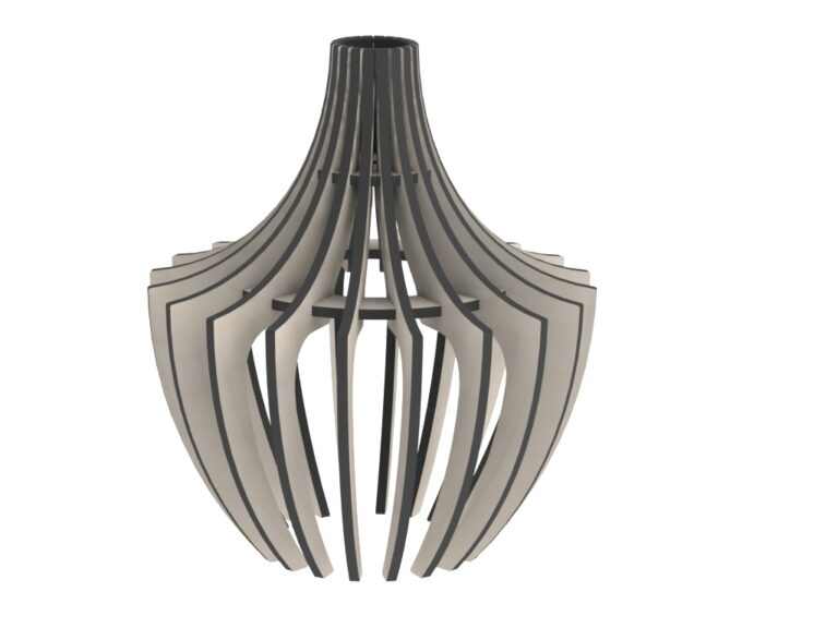 Bulb-shaped lamp shade render formed from curved vertical ribs and internal rings