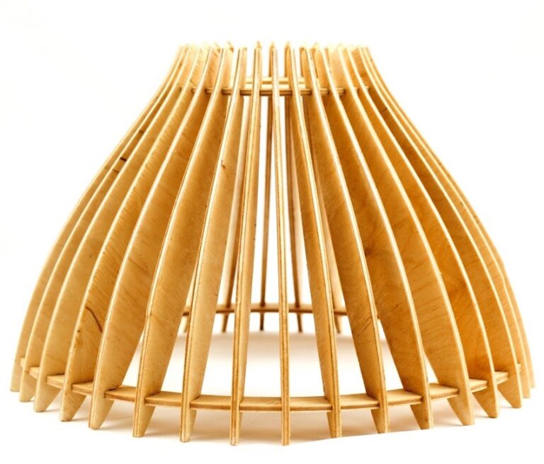 Wide wooden pendant lamp shade assembled from evenly spaced curved ribs