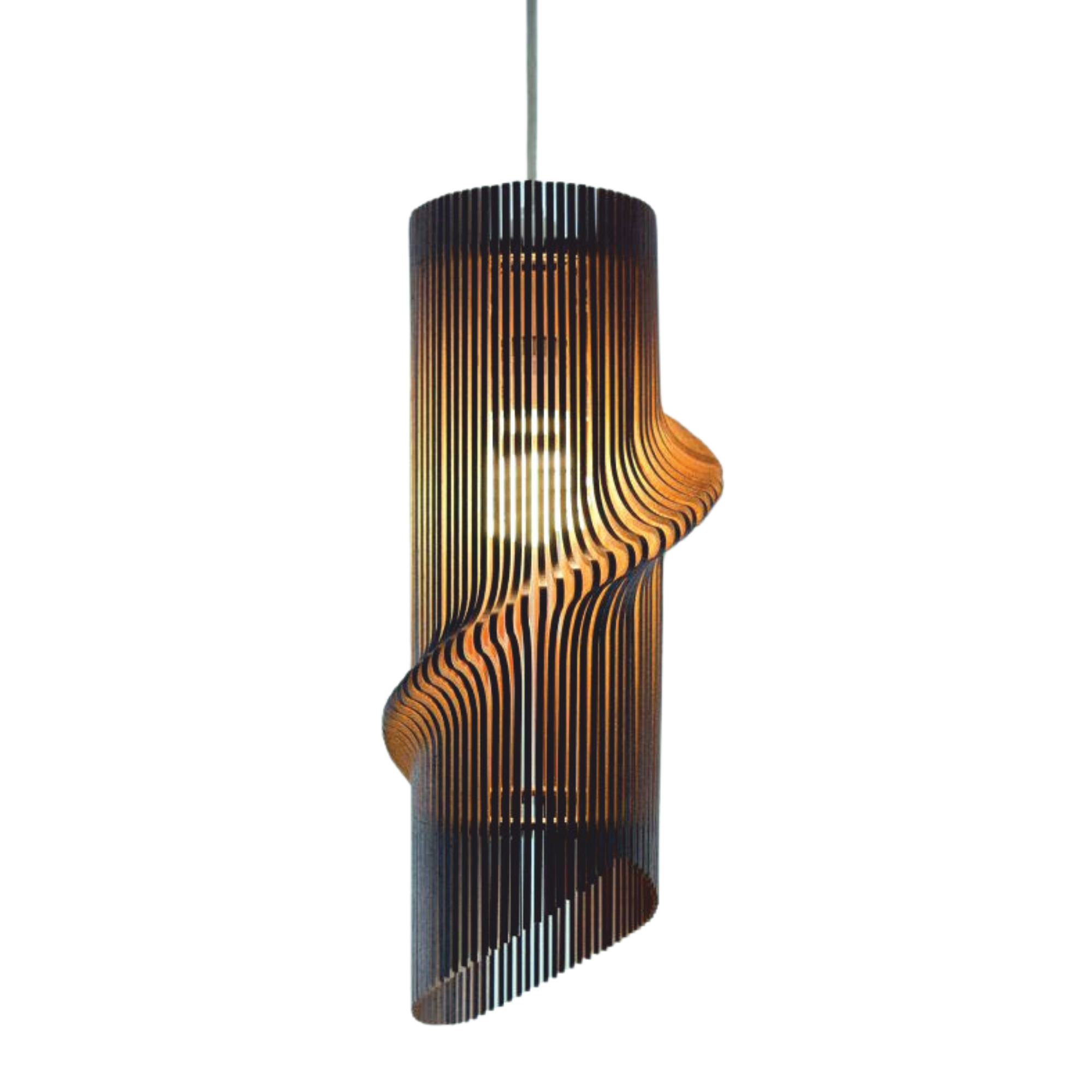 Tall twisted pendant lamp assembled from dark wooden ribs