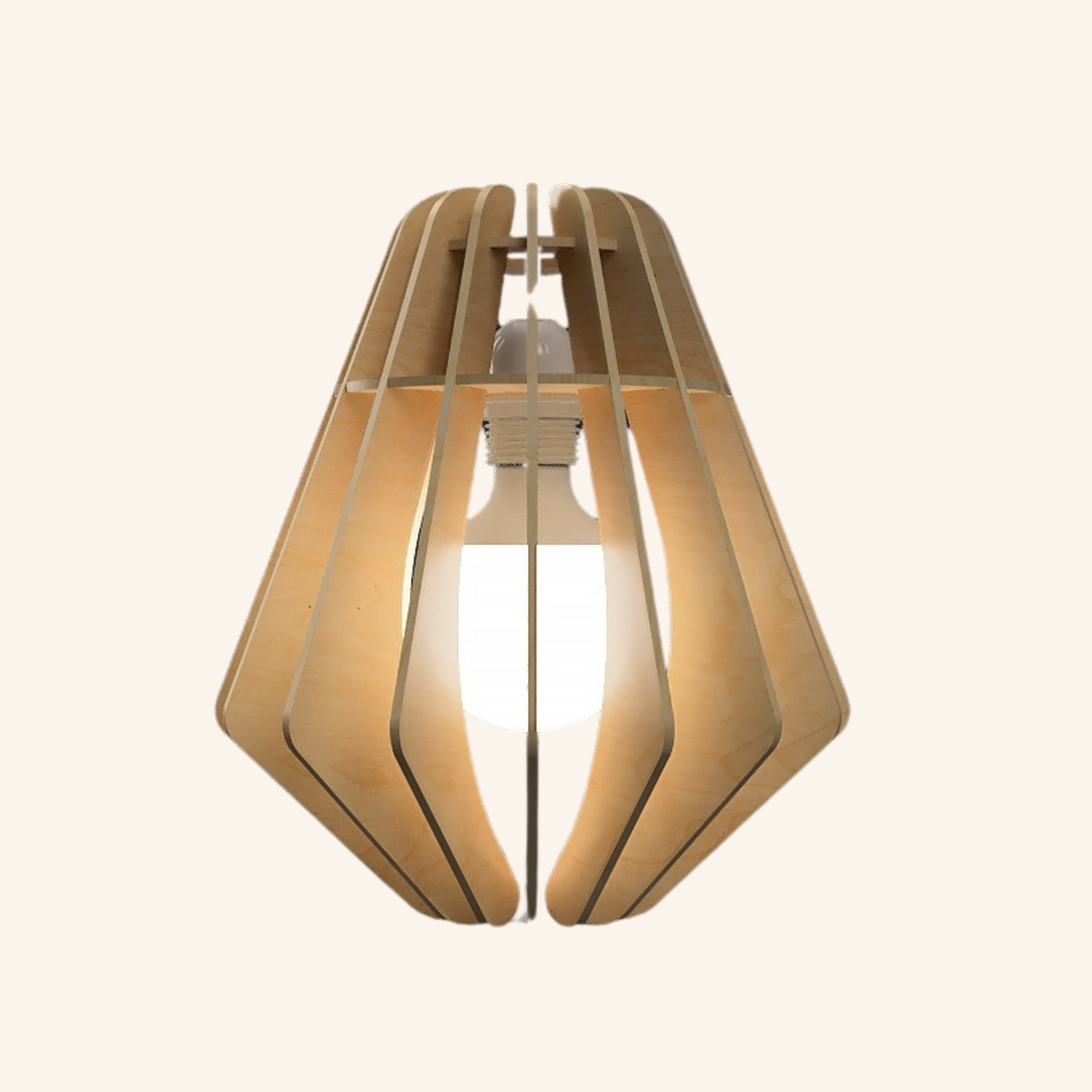 Tapered pendant lamp shade with overlapping petal-shaped wooden ribs