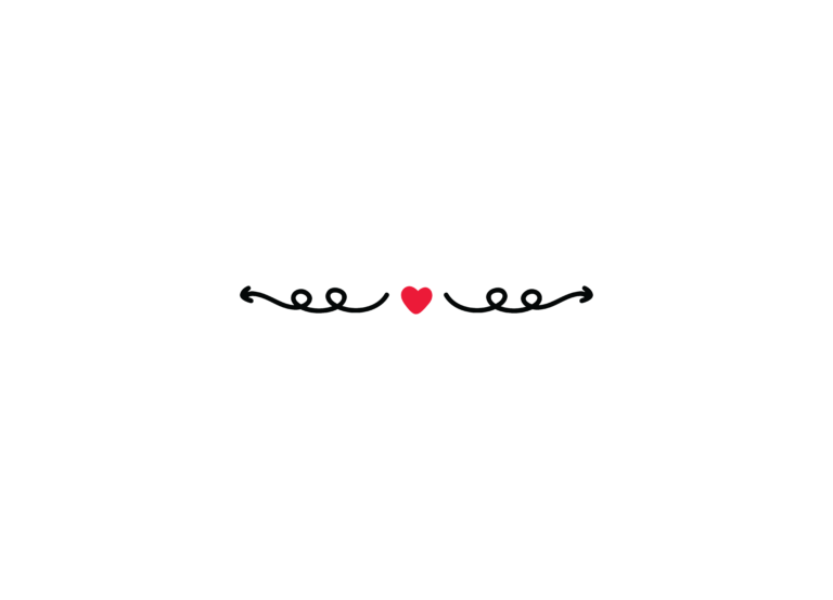 Curled black flourish border with a small red heart at the center