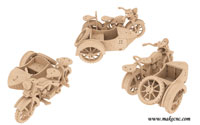 Assembled wooden motorcycle and sidecar 3D puzzle model