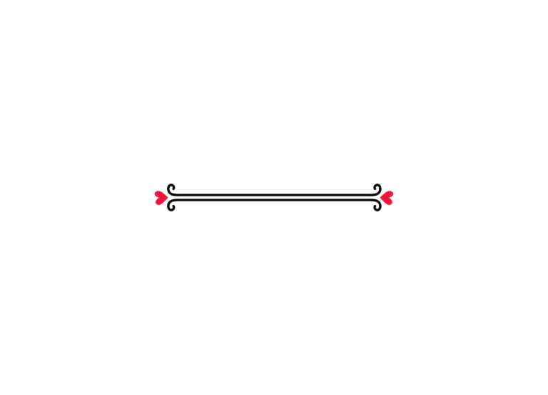Long double-line divider with curled ends and small heart accents