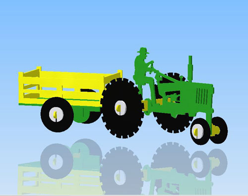 Green and yellow tractor with trailer shown as a slotted three-dimensional puzzle
