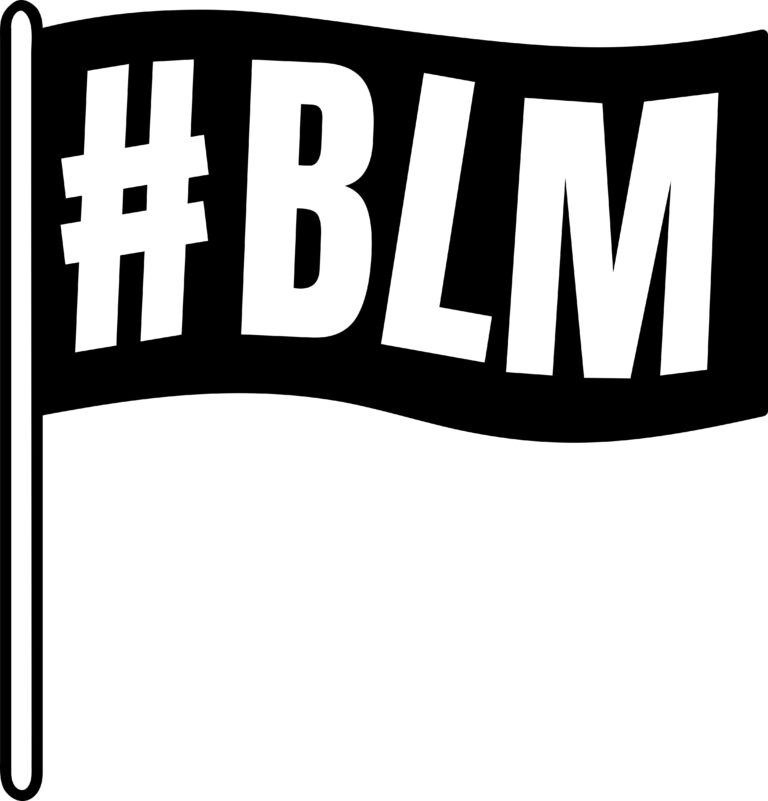 Black waving flag graphic with large BLM lettering