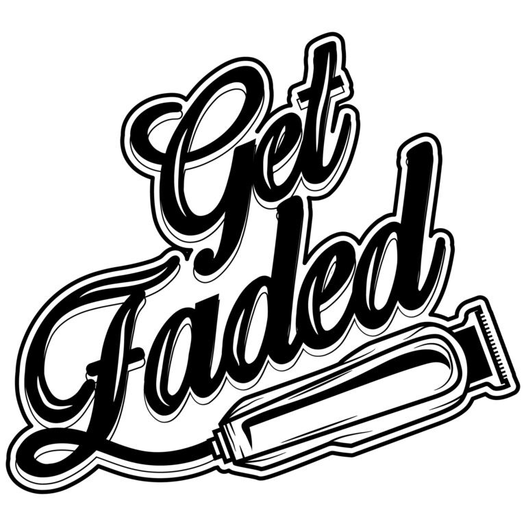 Sweeping Get Faded script curves around an electric clipper illustration in this barber-themed graphic.
