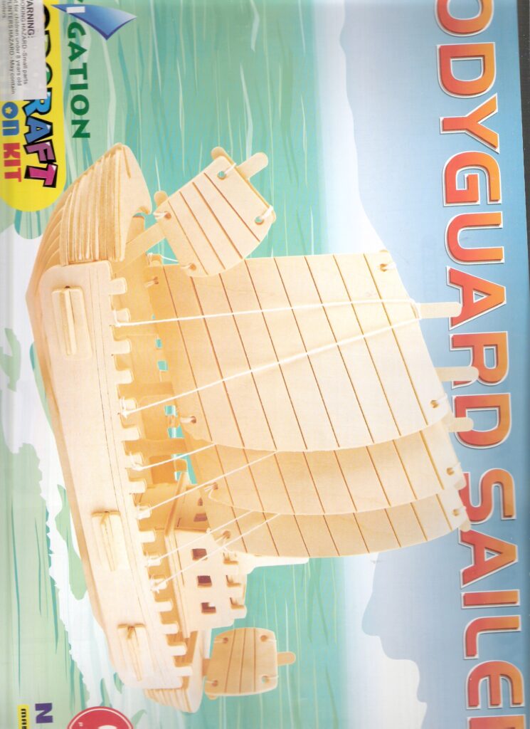 The package reference shows a wooden sailing ship with broad slatted sails, several masts and a raised rear cabin.