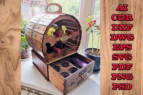 Barrel-shaped bottle rack with a top handle and a pull-out drawer for glasses