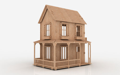 Two-story wooden dollhouse model with porch and railings