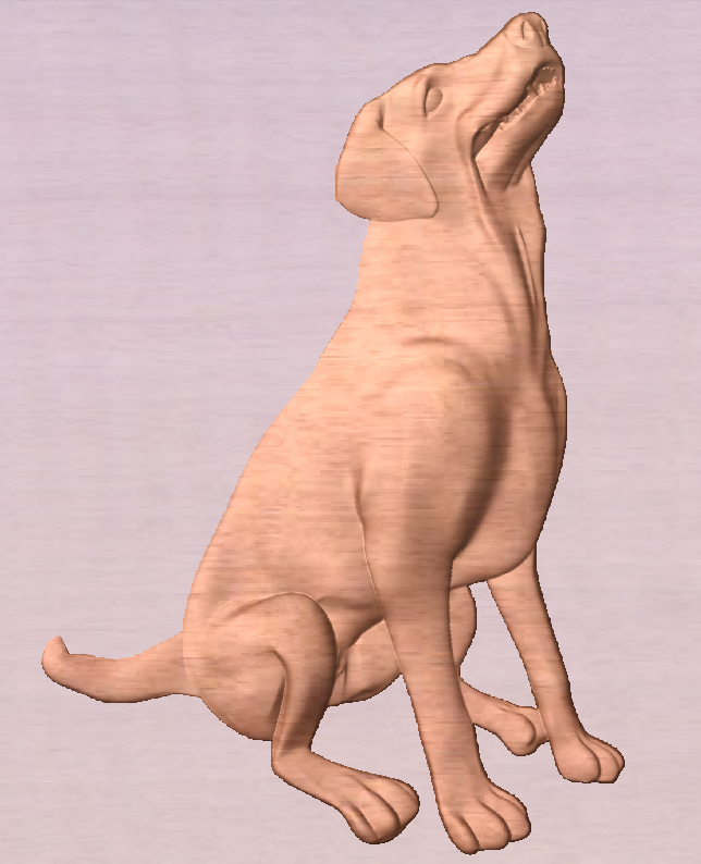 This reference shows a seated dog with its muzzle raised, an open mouth, front paws together and a curved tail extending to one side.
