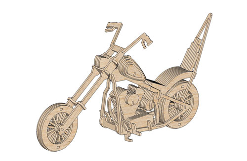 Assembled wooden chopper motorcycle model with long front fork