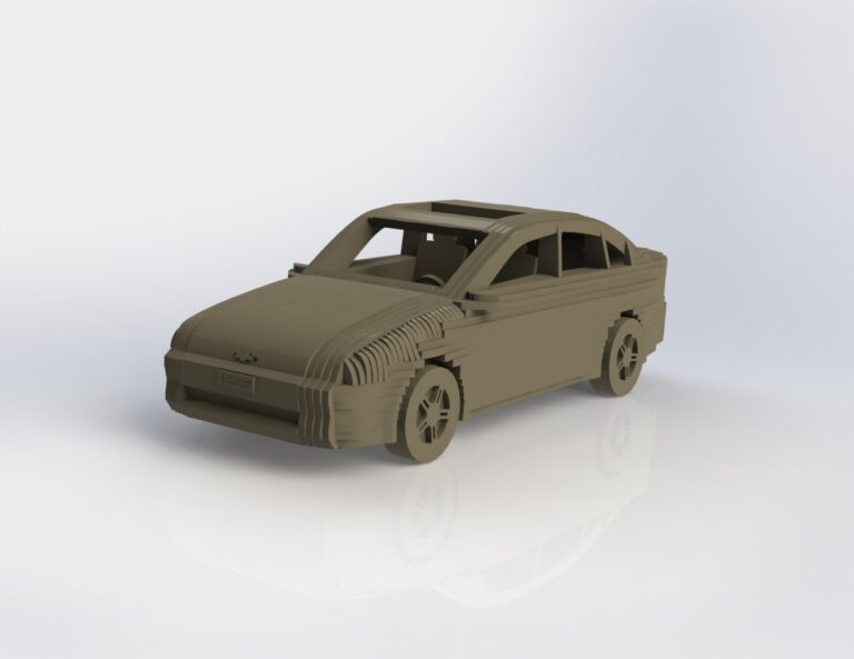 Assembled wooden sedan model shown from the front corner