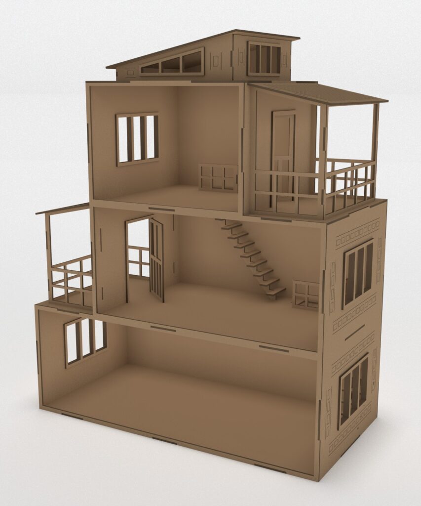 Three story laser cut wooden dollhouse model