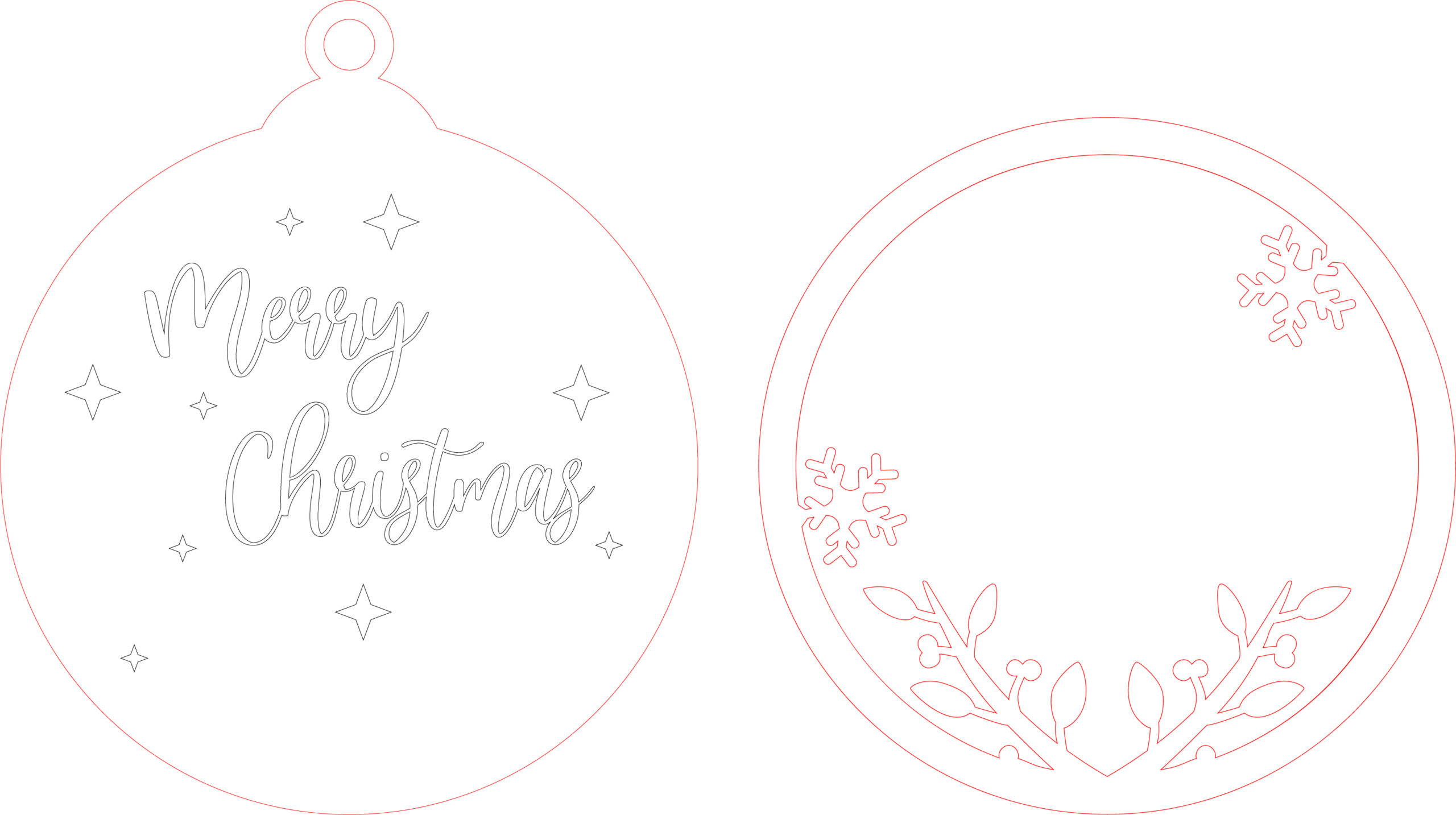 Two round Christmas ornament outlines with Merry Christmas lettering and floral details