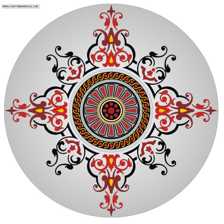 Four red palmettes alternate with black curling foliage around a concentric circular center.