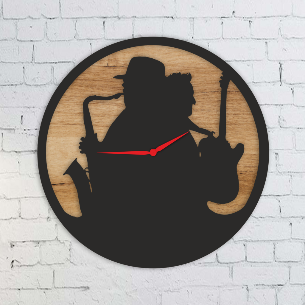 Two musicians stand back to back inside a circular clock outline: a hat-wearing saxophonist and a guitarist holding an upright instrument.