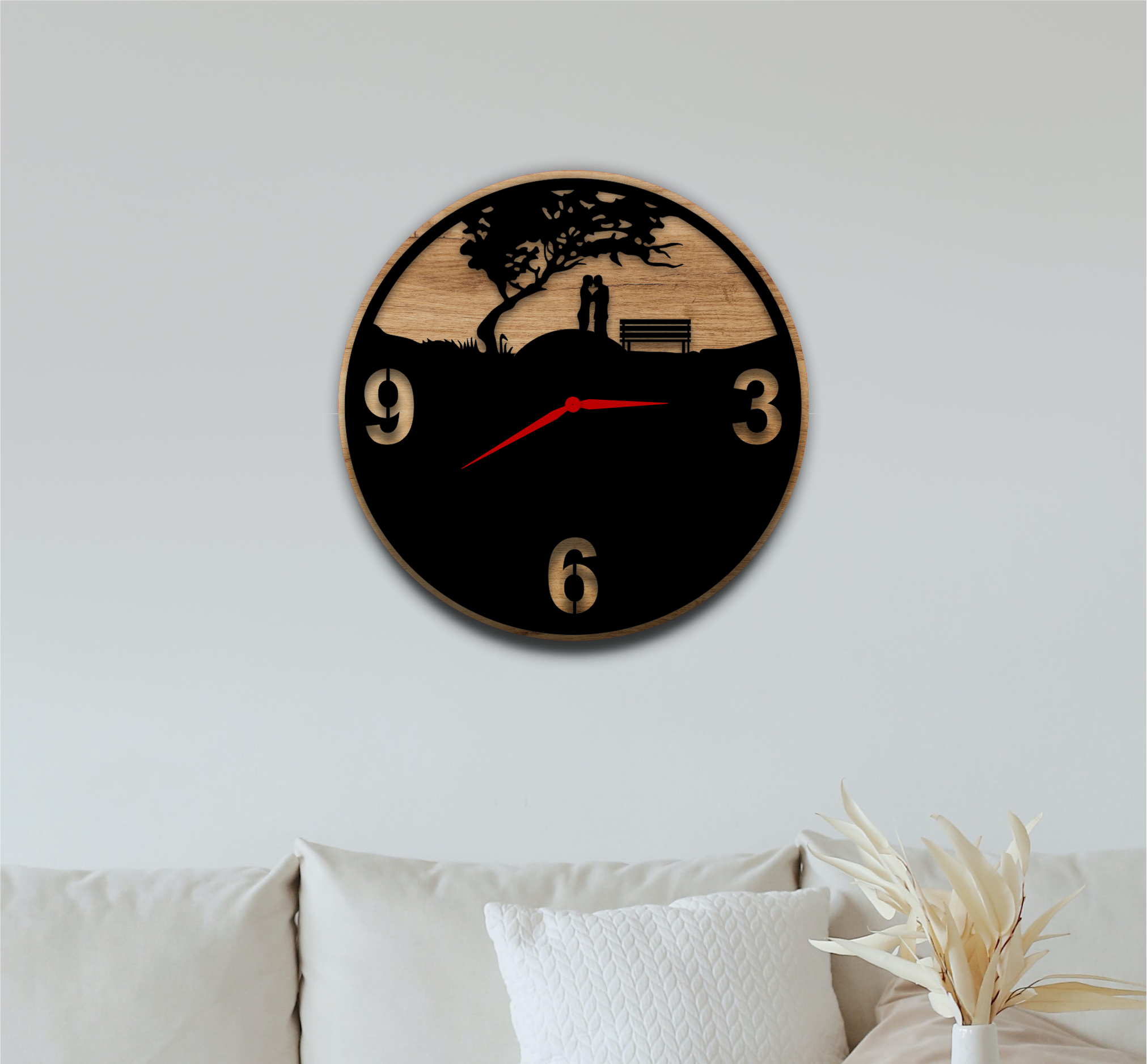 Round wall clock with tree bench and rustic landscape silhouette