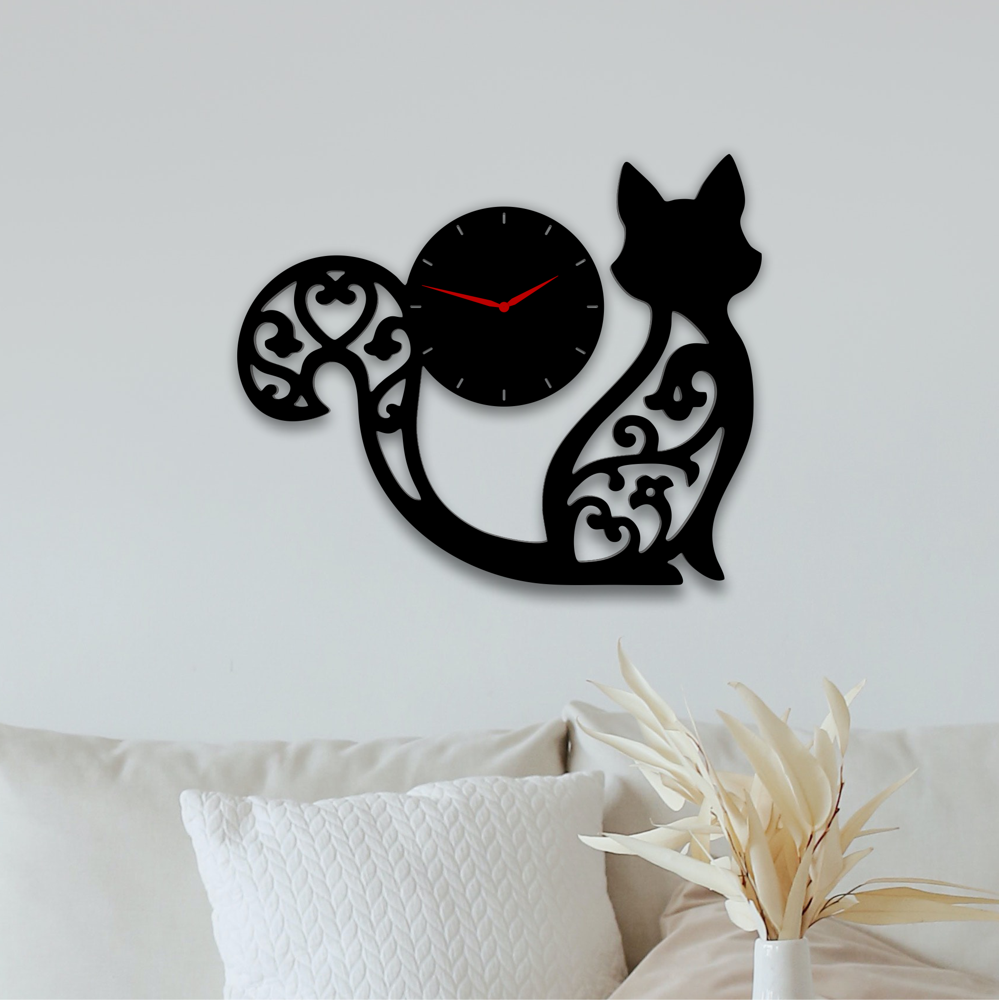 Decorative cat silhouette wall clock with curled tail