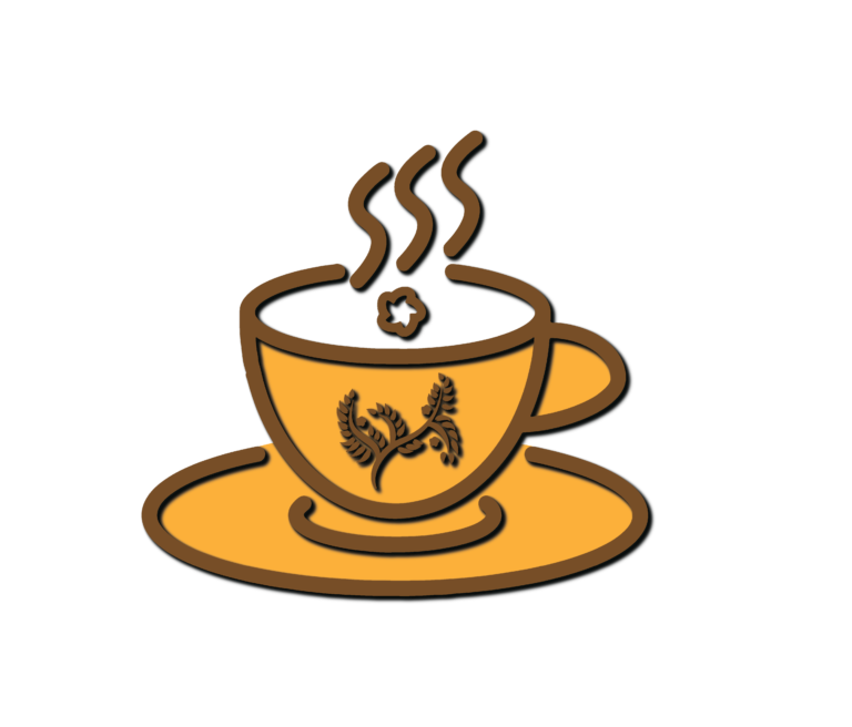 Layered-looking coffee cup and saucer illustration with three steam curls and a leafy decoration on the cup.