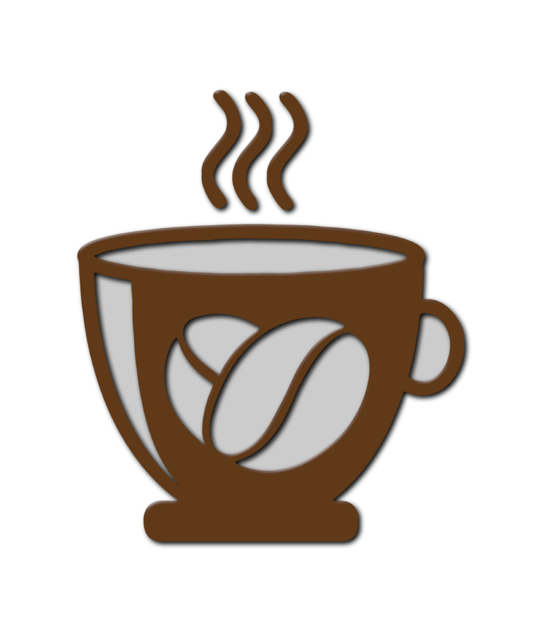 A steaming coffee cup carries a large stylized bean across its front.