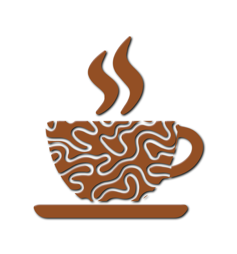 Flowing wavy bands decorate a coffee cup resting on a low saucer.