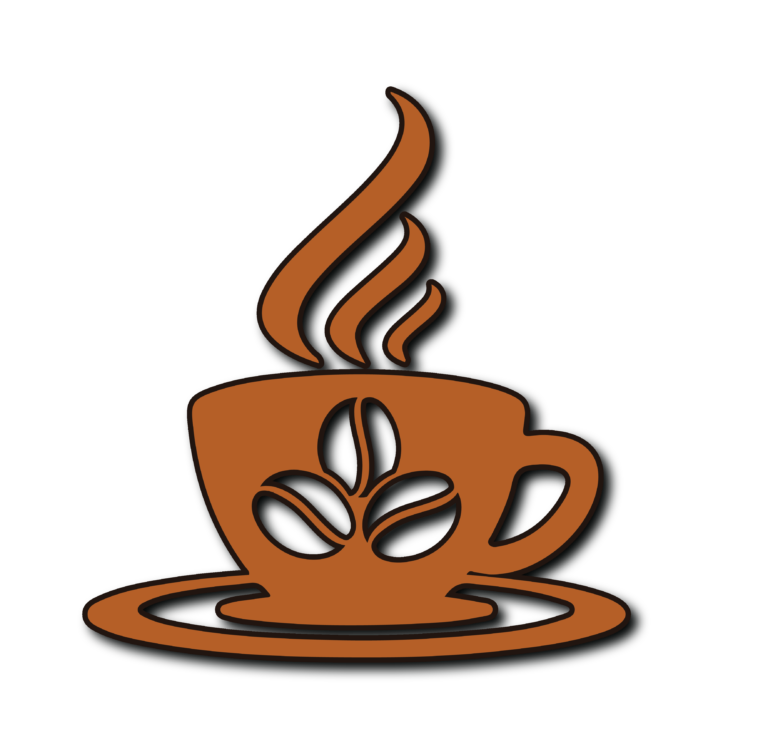 Brown coffee cup with rising steam and three coffee beans