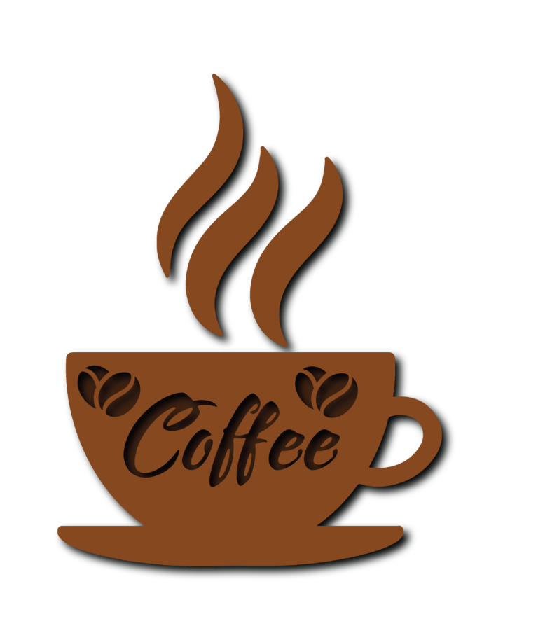 Brown coffee cup with rising steam coffee beans and decorative lettering