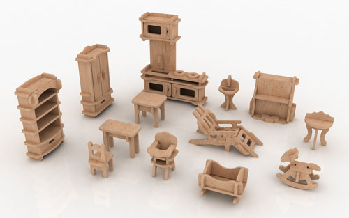 Miniature dollhouse furniture set with chairs tables bed and storage pieces