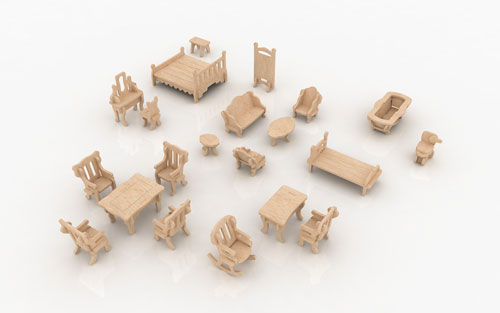 Miniature dollhouse furniture with bed chairs tables sofa and rocking chair