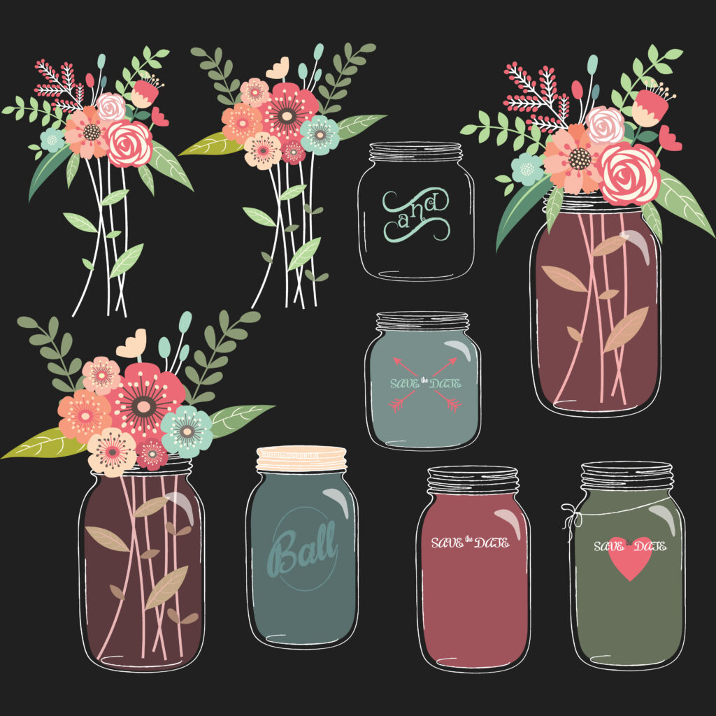 Wedding invitation elements with flowers and decorated mason jars