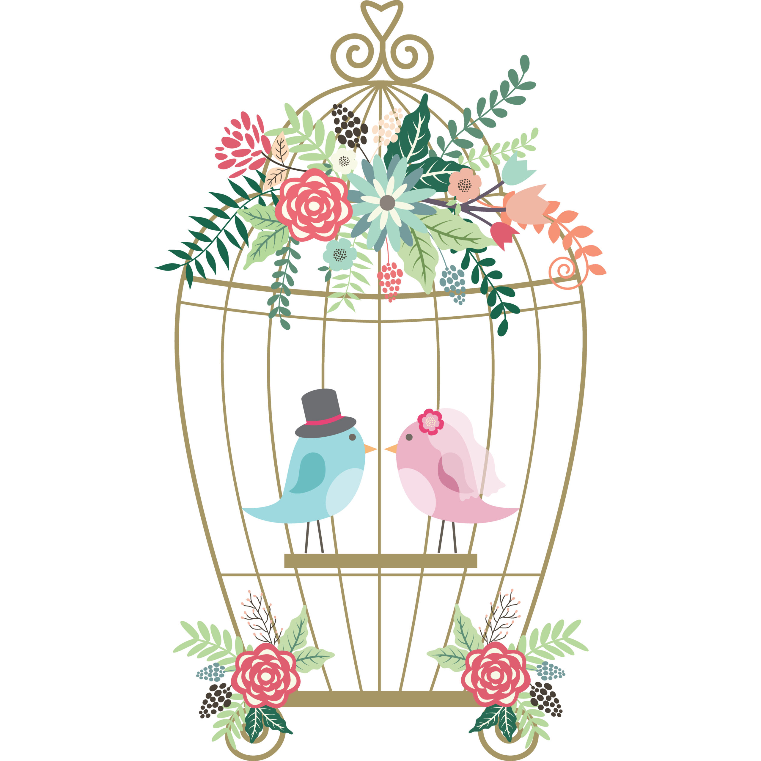 Floral birdcage wedding invitation artwork with two birds and roses