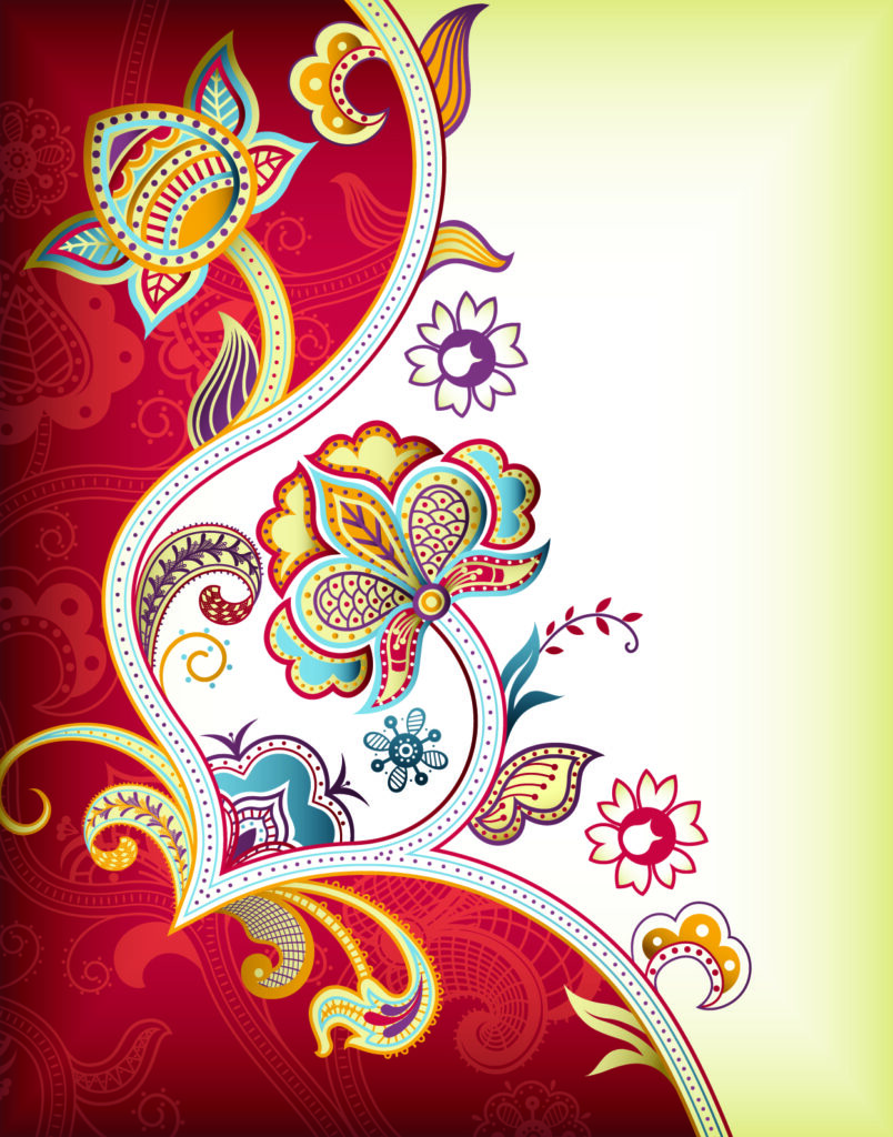 Colorful floral pattern with outlined blossoms and curling leaves