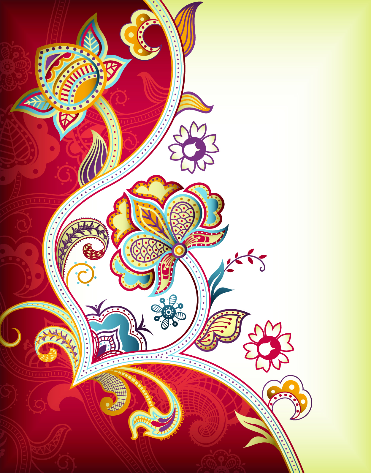 Colorful floral pattern with outlined blossoms and curling leaves