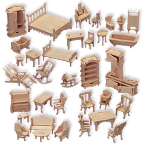 Collection of assembled miniature wooden dollhouse furniture