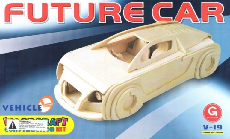 Wooden future car model shown on a printed construction kit cover