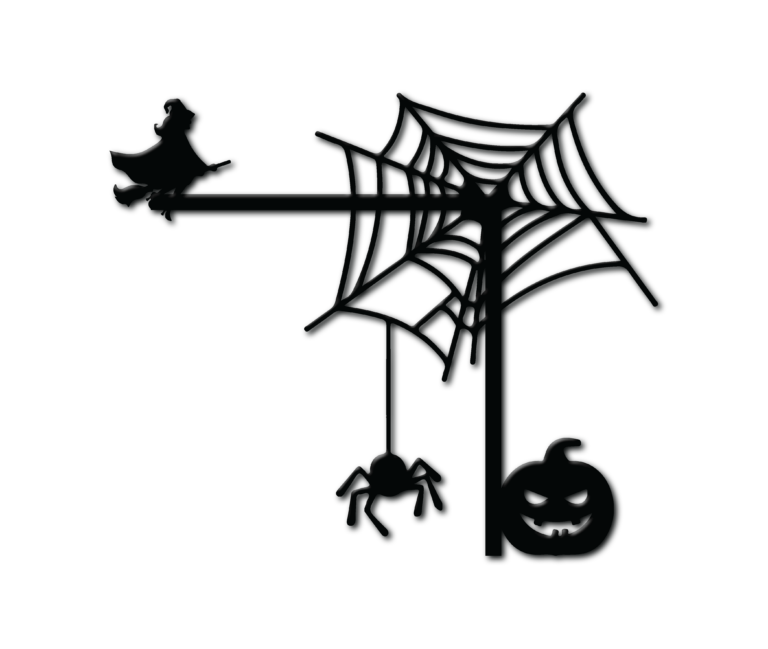 A spiderweb fills a right-angle door-corner decoration, with a ghost at the end of one horizontal arm.