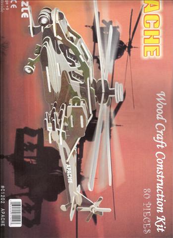 Slotted wooden military helicopter model with rotor blades and landing gear