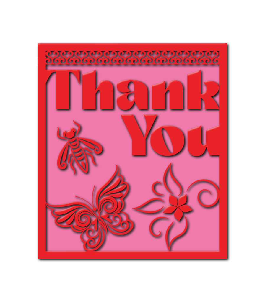 This thank you card places a bee beside the lettering and a large curled-wing butterfly near the lower corner.