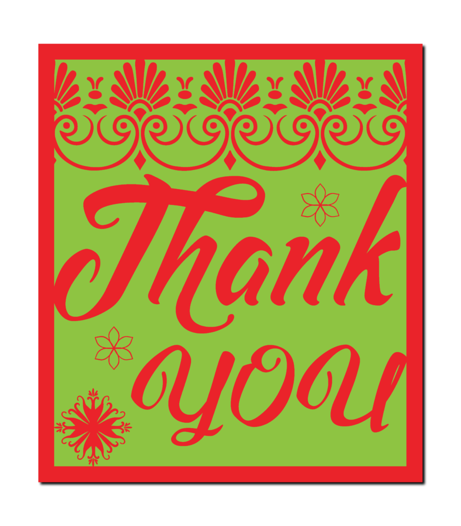 Rectangular Thank You card illustration with script lettering, a decorative top border and small floral motifs.
