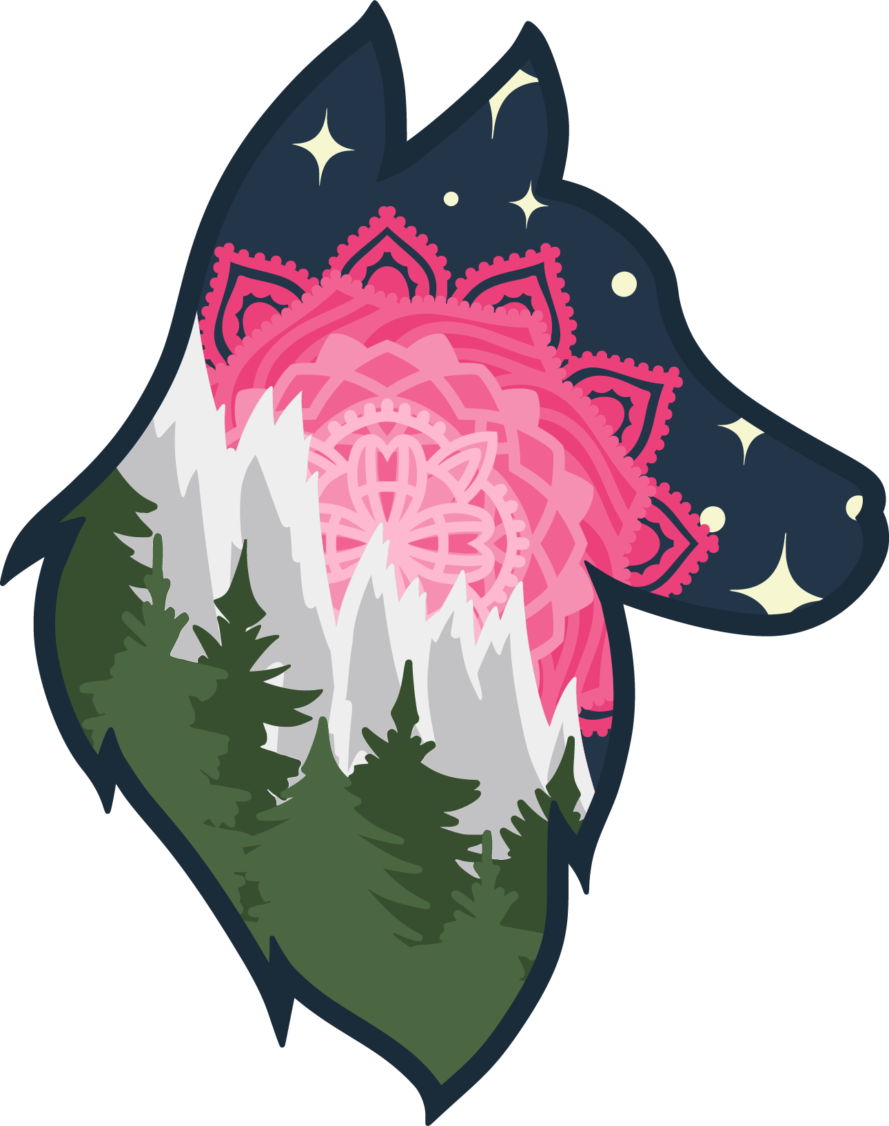 Layered wolf silhouette with mountain and forest scenery