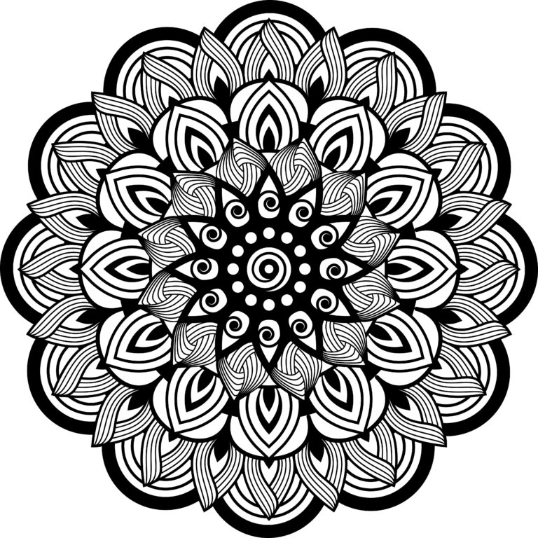 The featured mandala coaster pattern has a scalloped perimeter, concentric leaf rings and a small spiral center.