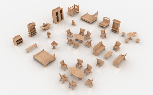 Collection of miniature wooden beds chairs tables cabinets and shelves