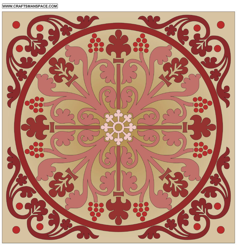 A circular floral medallion sits inside a square border with scrolling corner ornaments. Repeated leaves, curled stems and small berry-like circles radiate around a central rosette in the supplied marquetry reference.