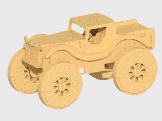 Wood-style monster truck model with oversized wheels, a cab and an open pickup bed