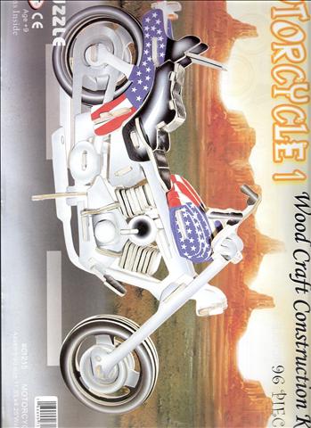 Wooden motorcycle model with layered wheels and frame